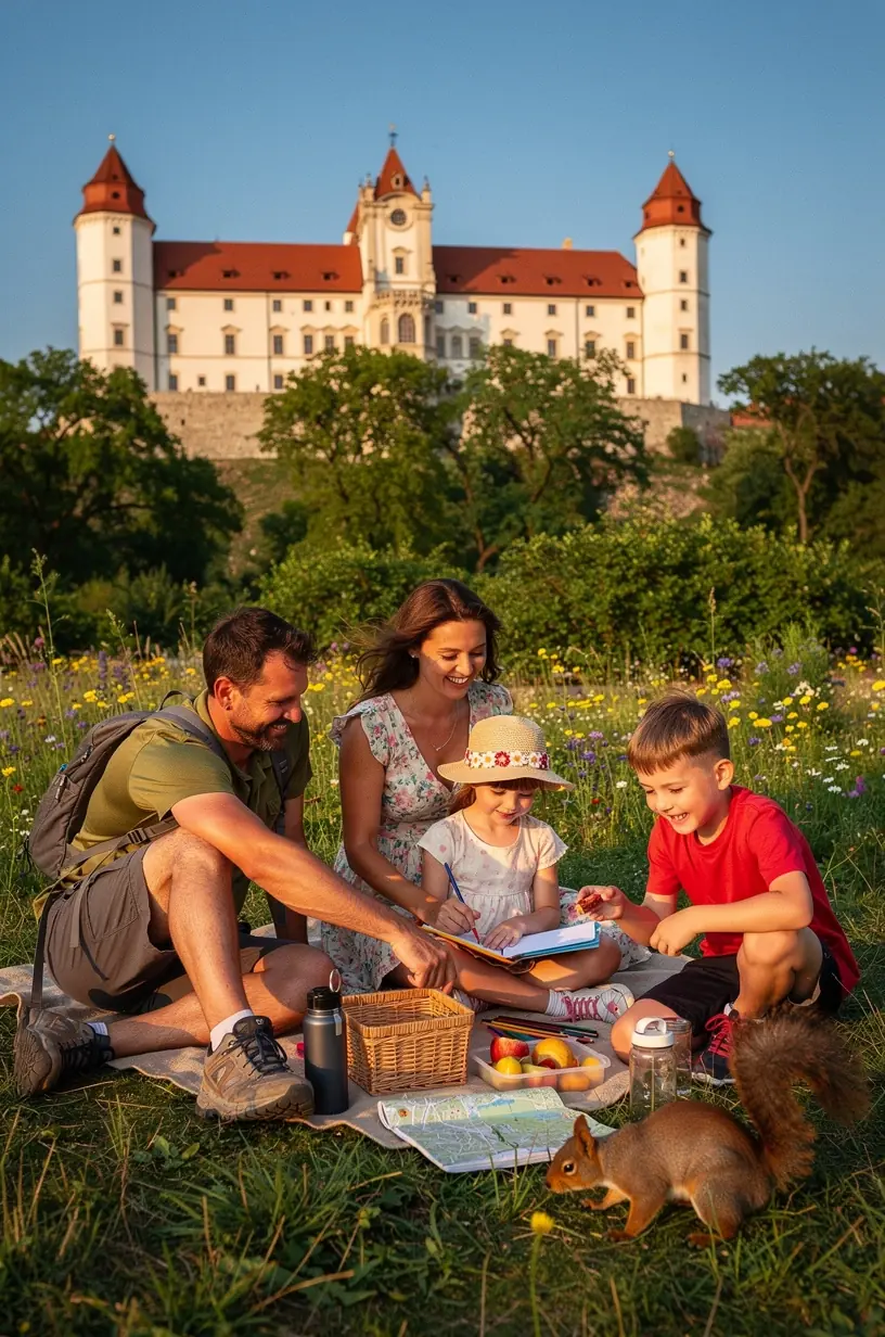 Pár s malým dieťaťom využíva jednoduchý plán cesty na mobilnej aplikácii počas dovolenky na Slovensku.